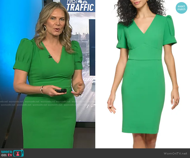 DKNY V-Neck Puff Sleeve Dress in Apple Green worn by Emily West on Today