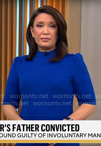Elaine Quijano’s blue button shoulder dress on CBS Mornings