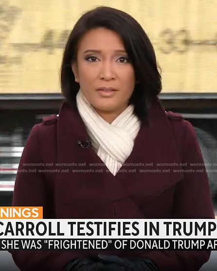 Elaine Quijano’s burgundy coat on CBS Mornings