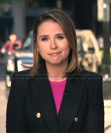 Elizabeth Schulze’s black double breasted tweed blazer on Good Morning America