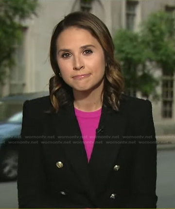 Elizabeth Schulze’s black double breasted tweed blazer on Good Morning America