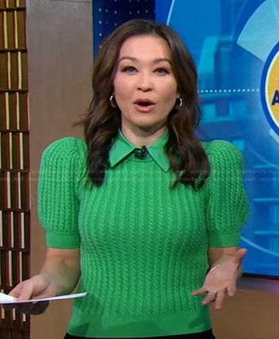 Eva’s green cable knit puff sleeve sweater on Good Morning America