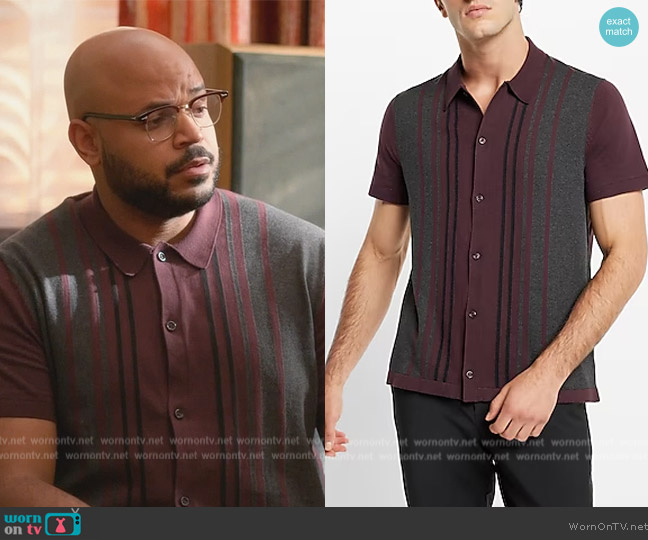 Express Striped Short Sleeve Polo Sweater worn by Wyatt (Justin Cunningham) on Grand Crew