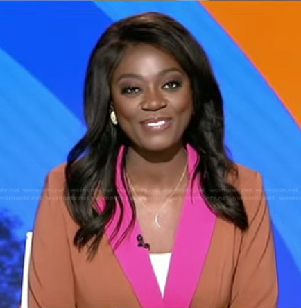 Faith Abubey’s brown and pink colorblock blazer on Good Morning America