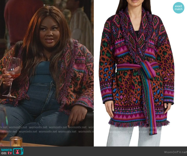 Farm Rio Ainika Tapestry Cardigan worn by Nicky (Nicole Byer) on Grand Crew