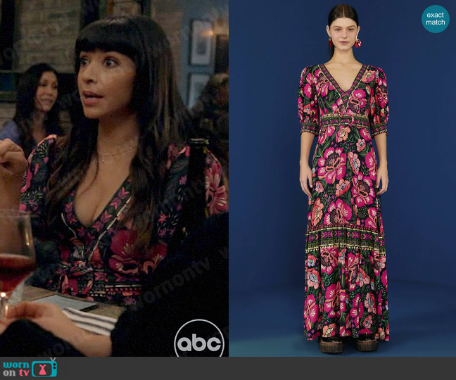 FARM Rio Black Flowers Garden Lenzing™ Ecovero™ Viscose Maxi Dress worn by Sam (Hannah Simone) on Not Dead Yet