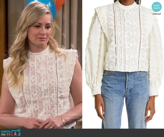 Farm Rio Star 3D Embroidered Blouse worn by Gemma (Beth Behrs) on The Neighborhood