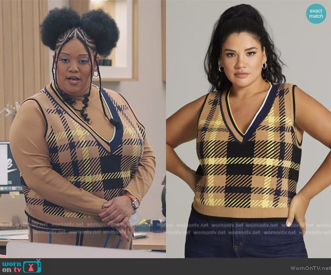 Gabrielle Union x Fashion to Figure Hadley Plaid V-Neck Cropped Sweater Vest worn by Dori Ovens (X Mayo) on American Auto