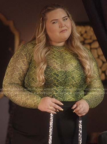 Felicia’s green snake print mesh top on Single Drunk Female