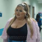 Felicia’s pink fluffy jacket and blue face print skirt on Single Drunk Female