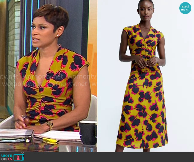 Fold London Castello Midi Dress Chartreuse Multicolour Silk worn by Jericka Duncan on CBS Mornings