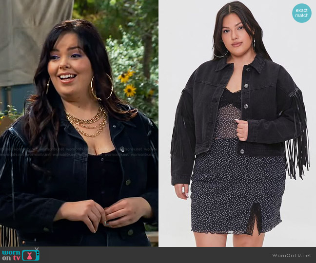 Forever 21 Plus Size Fringe Denim Jacket worn by Lou Hockhauser (Miranda May) on Bunkd