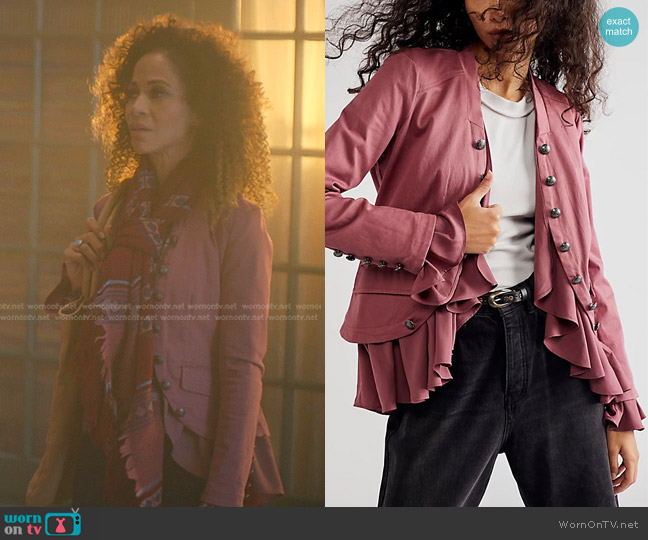 Free People Ruffles Romance Jacket in Smokey Wings worn by Lena Adams Foster (Sherri Saum) on Good Trouble