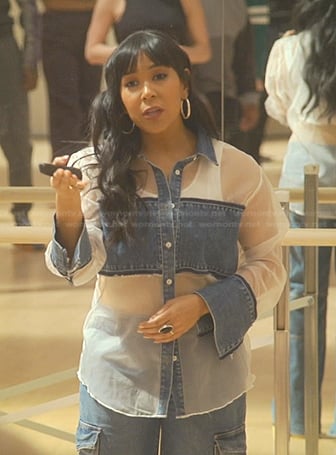 Galen’s denim panel sheer shirt on Good Trouble