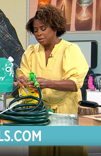 Gayle Bass’s yellow linen midi dress on CBS Mornings