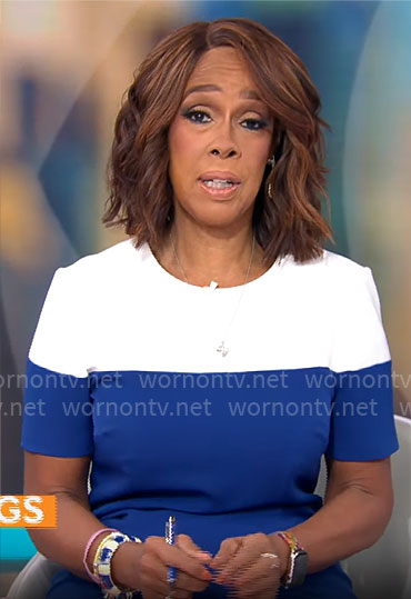 Gayle’s blue and white colorblock dress on CBS This Morning