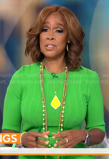 Gayle King’s green rib knit dress on CBS Mornings