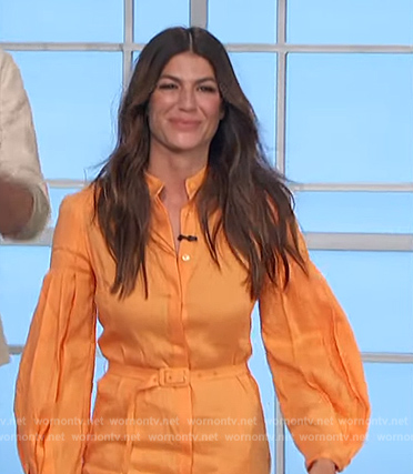 Genevieve Padalecki’s orange belted shirtdress on The Talk