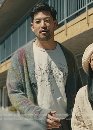 George’s fuzzy cardigan and printed tee on Beef