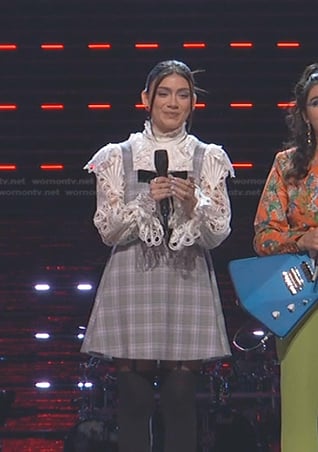 Gina Miles’s white eyelet blouse and grey plaid dress on The Voice