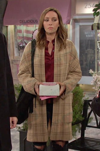 Gwen’s red blouse and beige plaid coat on Days of our Lives