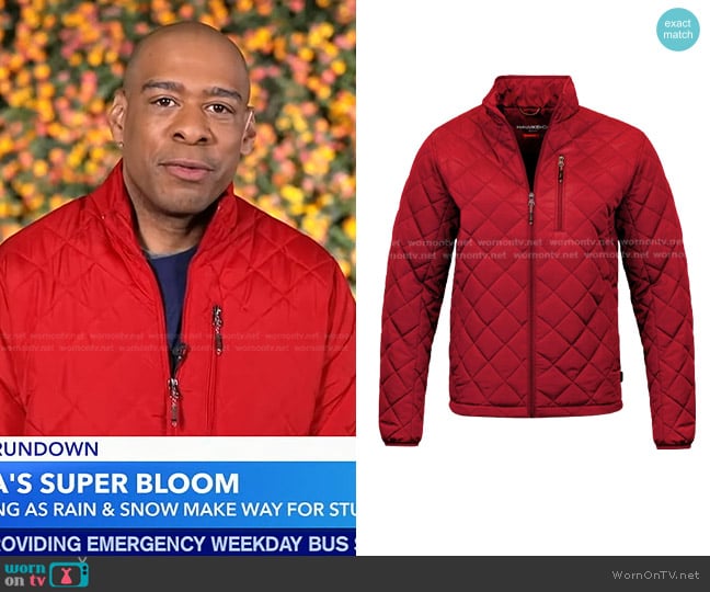 Hawke & Co. Diamond Quilted Jacket in Chili Pepper worn by DeMarco Morgan on Good Morning America