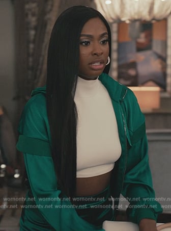Hilary’s green satin hoodie and skirt on Bel-Air