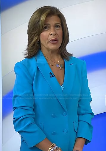 Hoda’s blue ruched sleeve blazer and cowl neck cami on Today