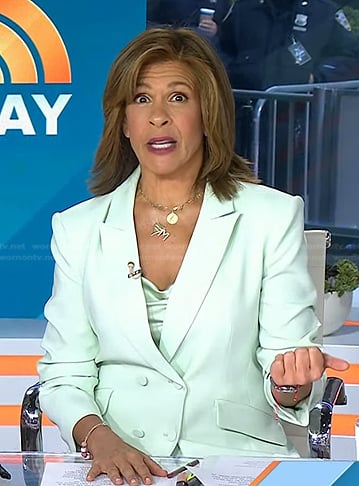 Hoda’s mint green double breasted blazer and white slit pants on Today