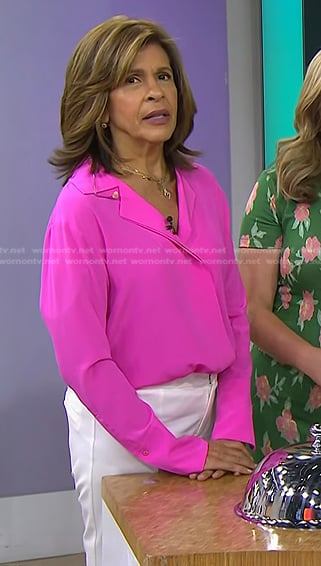 Hoda’s pink shirt and white slit pants on Today