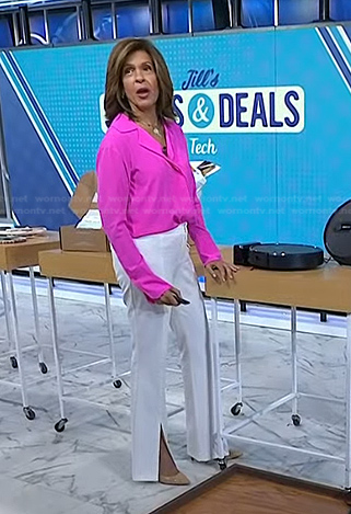 Hoda’s pink shirt and white slit pants on Today