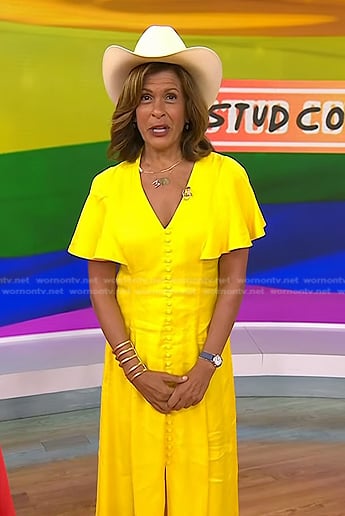 Hoda’s yellow button front flutter sleeve dress on Today