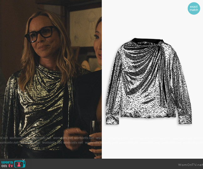 Lavaliere leopard-print lame blouse worn by (Maria Bello) on Beef