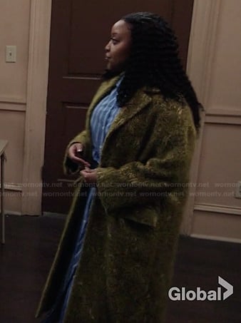Janine’s mustard jacquard coat on Abbott Elementary