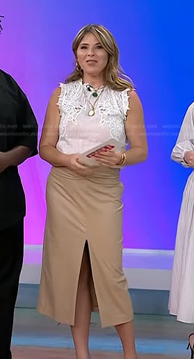 Jenna’s white floral embroidered top and beige leather skirt on Today