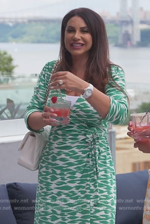 Jennifer’s green printed wrap dress on The Real Housewives of New Jersey