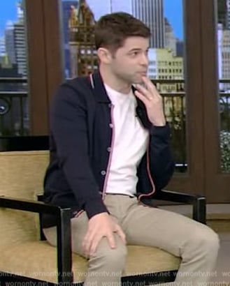 Jeremy Jordan’s navy contrast stripe cardigan on Live with Kelly and Ryan