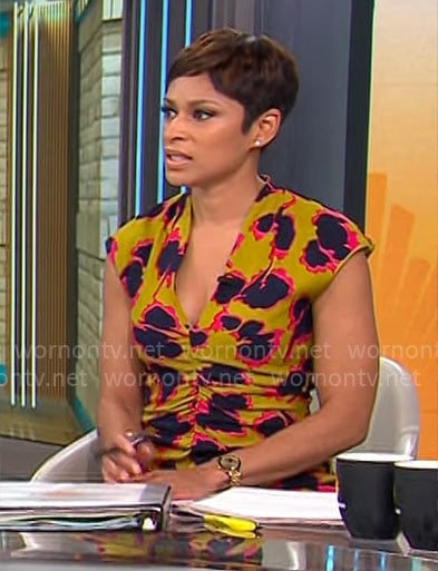 Jericka Duncan’s abstract print ruched dress on CBS Mornings
