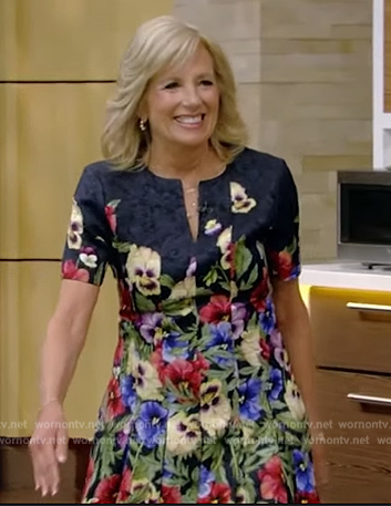 Jill Biden’s navy floral print flare dress on Live with Kelly and Ryan