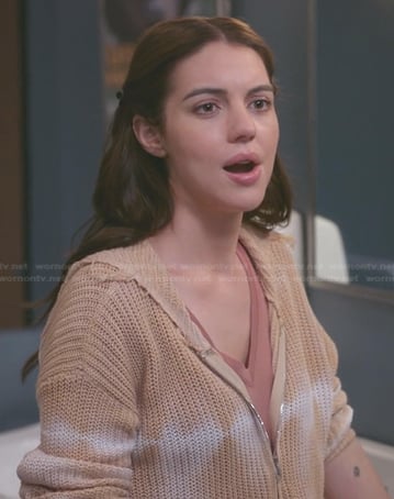 Jules’ beige tie dye knit hoodie on Greys Anatomy