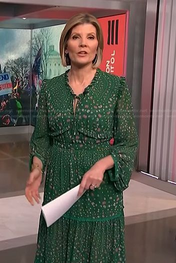 Kate Snow’s green printed tie neck dress on NBC News Daily