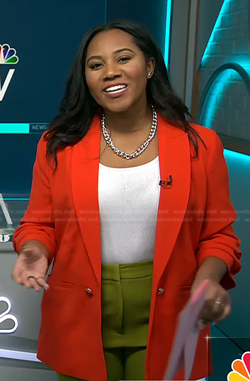 Kay Angrum’s red ruched sleeve blazer on NBC News Daily