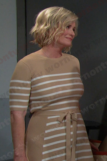 Kayla’s beige striped tie waist dress on Days of our Lives