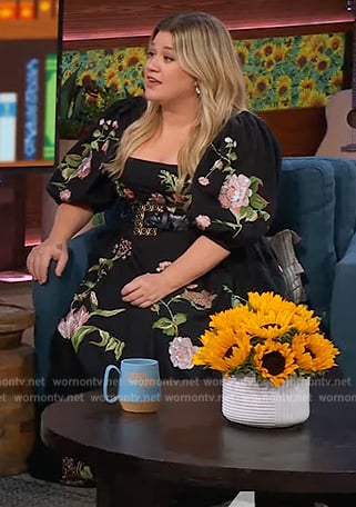 Kelly’s black floral print square neck dress on The Kelly Clarkson Show