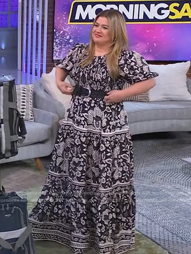 Kelly’s black floral print maxi dress on The Kelly Clarkson Show