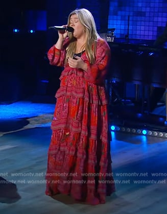 Kelly’s red floral ruffle dress on The Kelly Clarkson Show