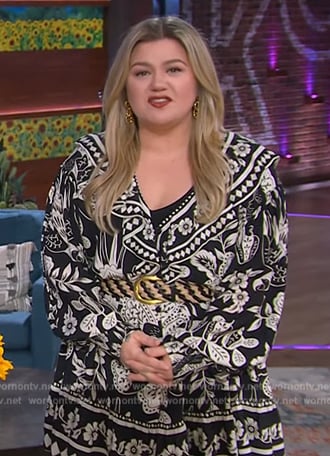 Kelly’s black floral print mini dress on The Kelly Clarkson Show