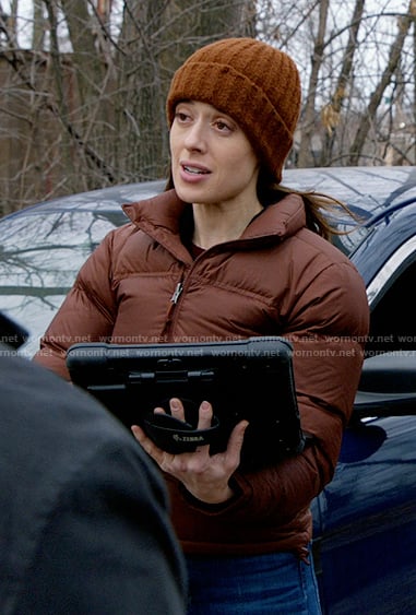 Kim’s brown puffer jacket on Chicago PD