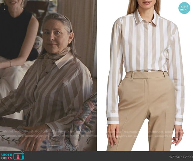 Lafayette 148 Rae Striped Poplin Button-Up Shirt in Taupe worn by (Cherry Jones) on Succession