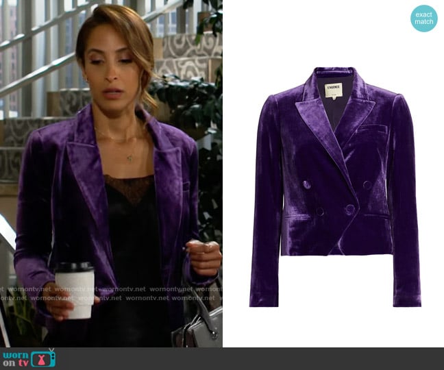 L'Agence Rory Cropped Velvet Blazer in Deep Violet worn by Lily Winters (Christel Khalil) on The Young and the Restless